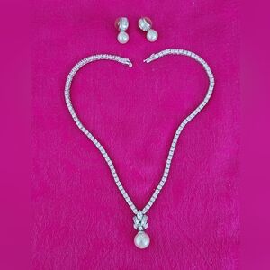 Elegant Pearl Drop Tennis Necklace and Earrings Set - White/Silver